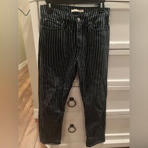 Levi’s button fly navy blue & white striped straight leg jeans size w-27 l-28”